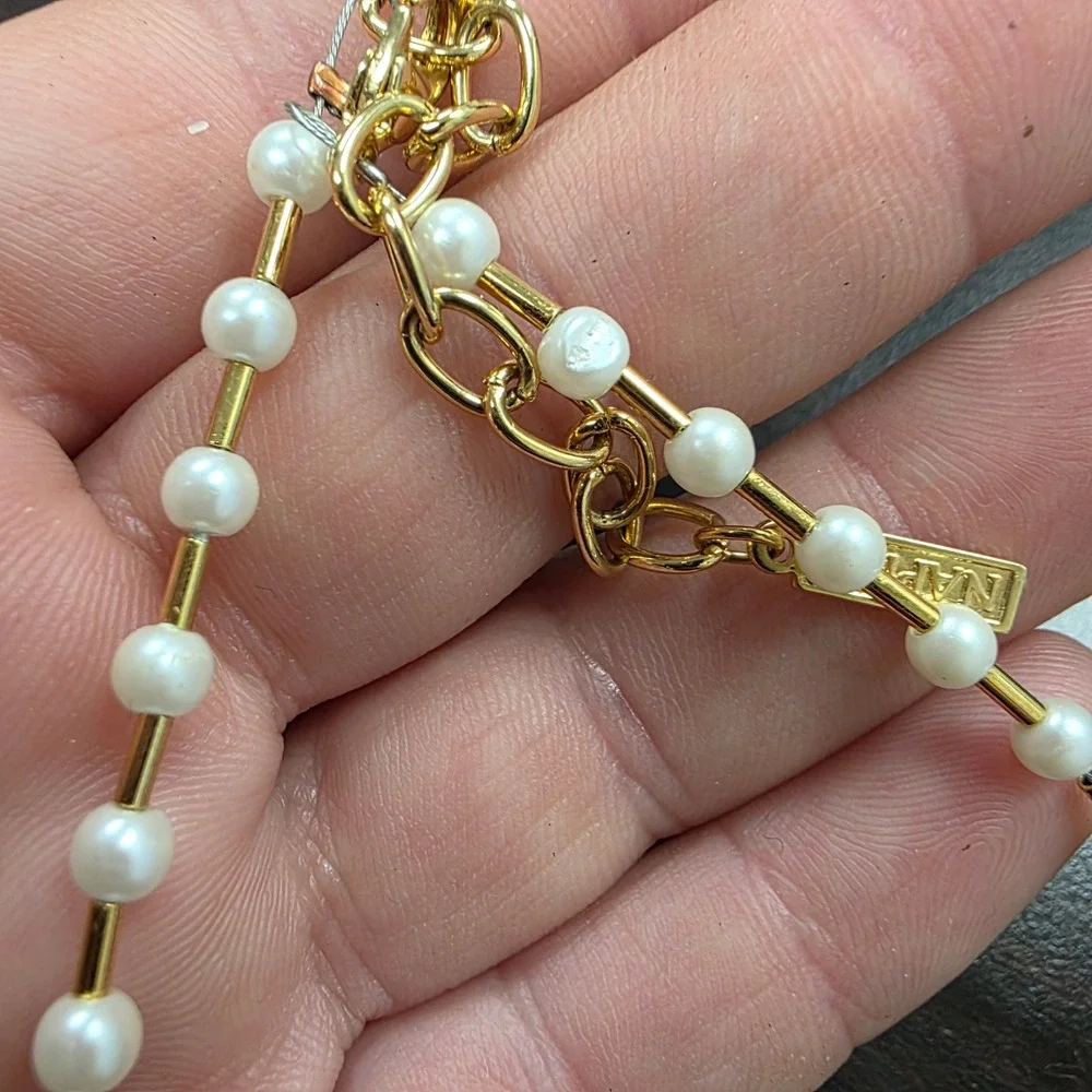 Napier Gold Tone Faux Pearl Bar Link Necklace 17 Inch Adjustable Clasp